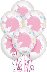 Little Gym - Unicorn Round Transparent Confetti Latex Balloons, Pink, 12-in, for Birthday Party - 6 Ct.
