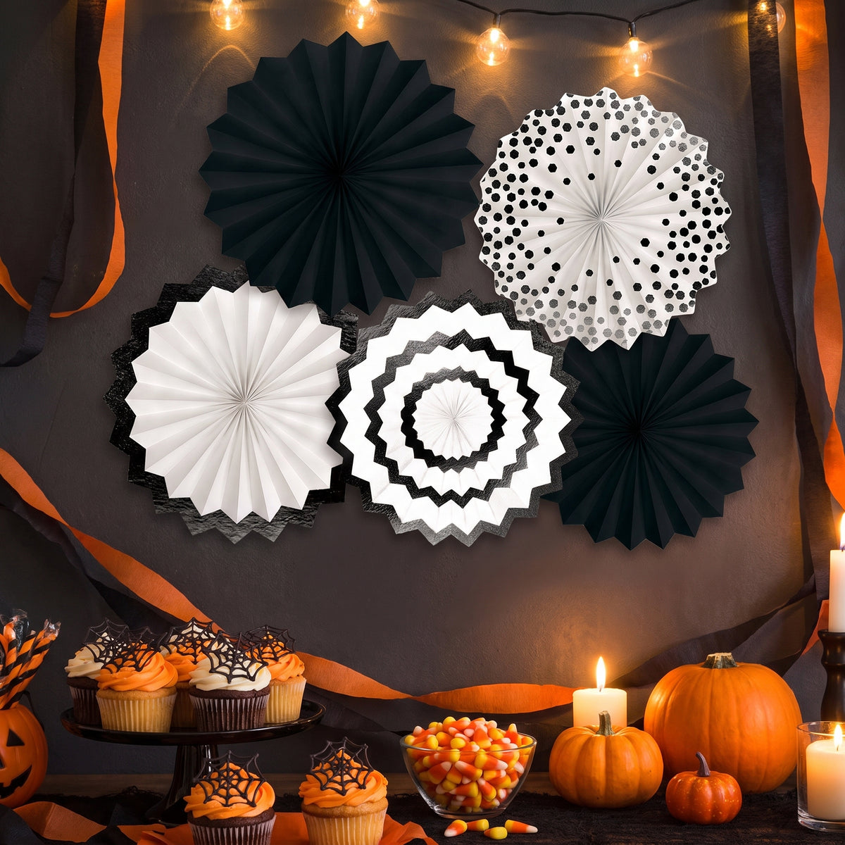 Mini Black Paper Fan Decorations, 6-Inch, 5-Pack