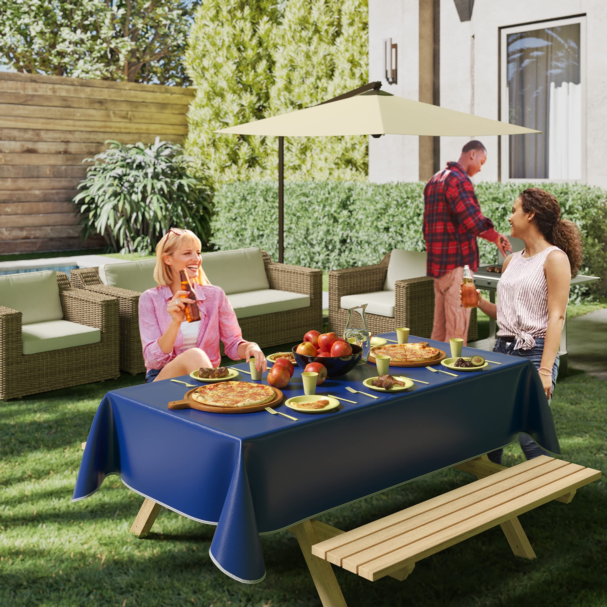 Dark Blue Flannel Backed Plastic Table Cover 70 In. Round | Case of 24