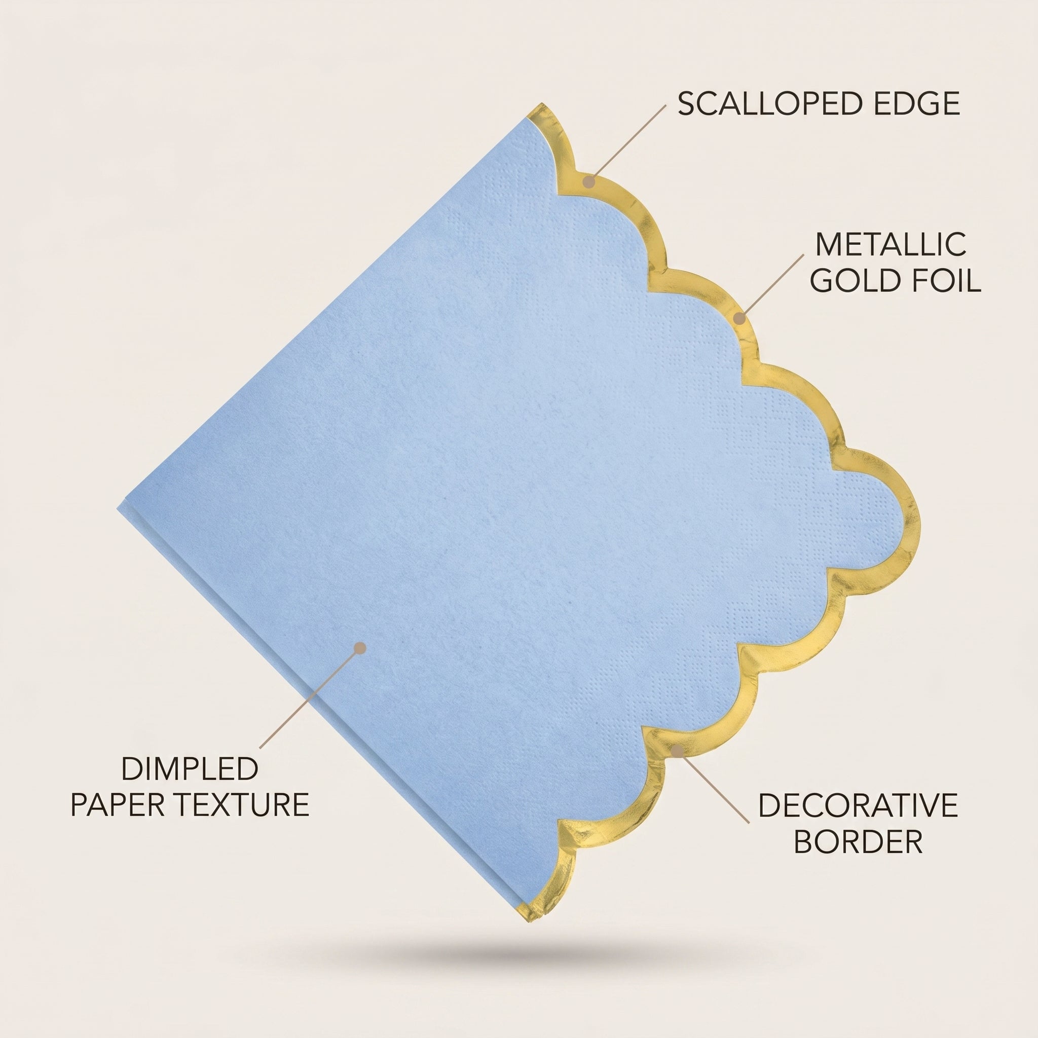 Scalloped Edge Beverage Napkins - Ice Blue with Gold Foil Border, Decorative Cocktail Napkins for Baby Shower, Birthday, Tea Party, Christening - 5 In. X 5 In.