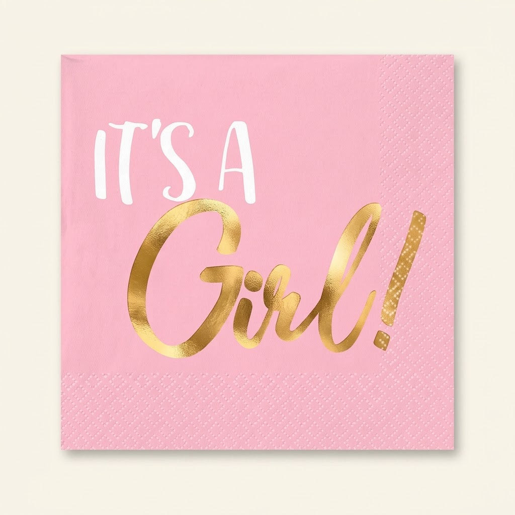 It's a Girl! Pink and Gold Beverage Napkins - 16 Pack - 5 In. X 5 In.