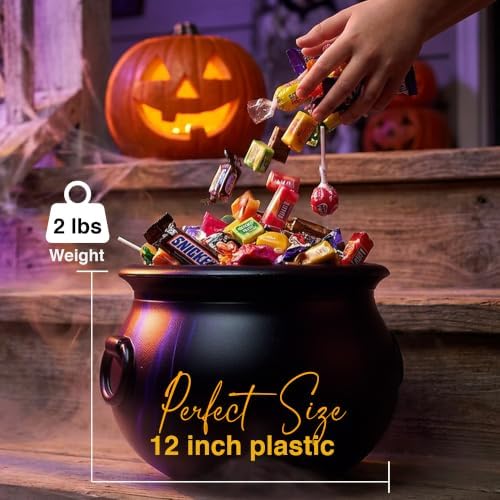 12 inch plastic witch cauldron filled with Halloween candy on a porch, 2 lbs weight