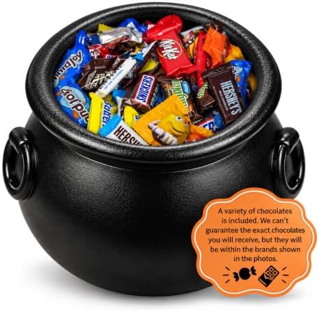 Black cauldron filled with a variety of fun size chocolate candy bars