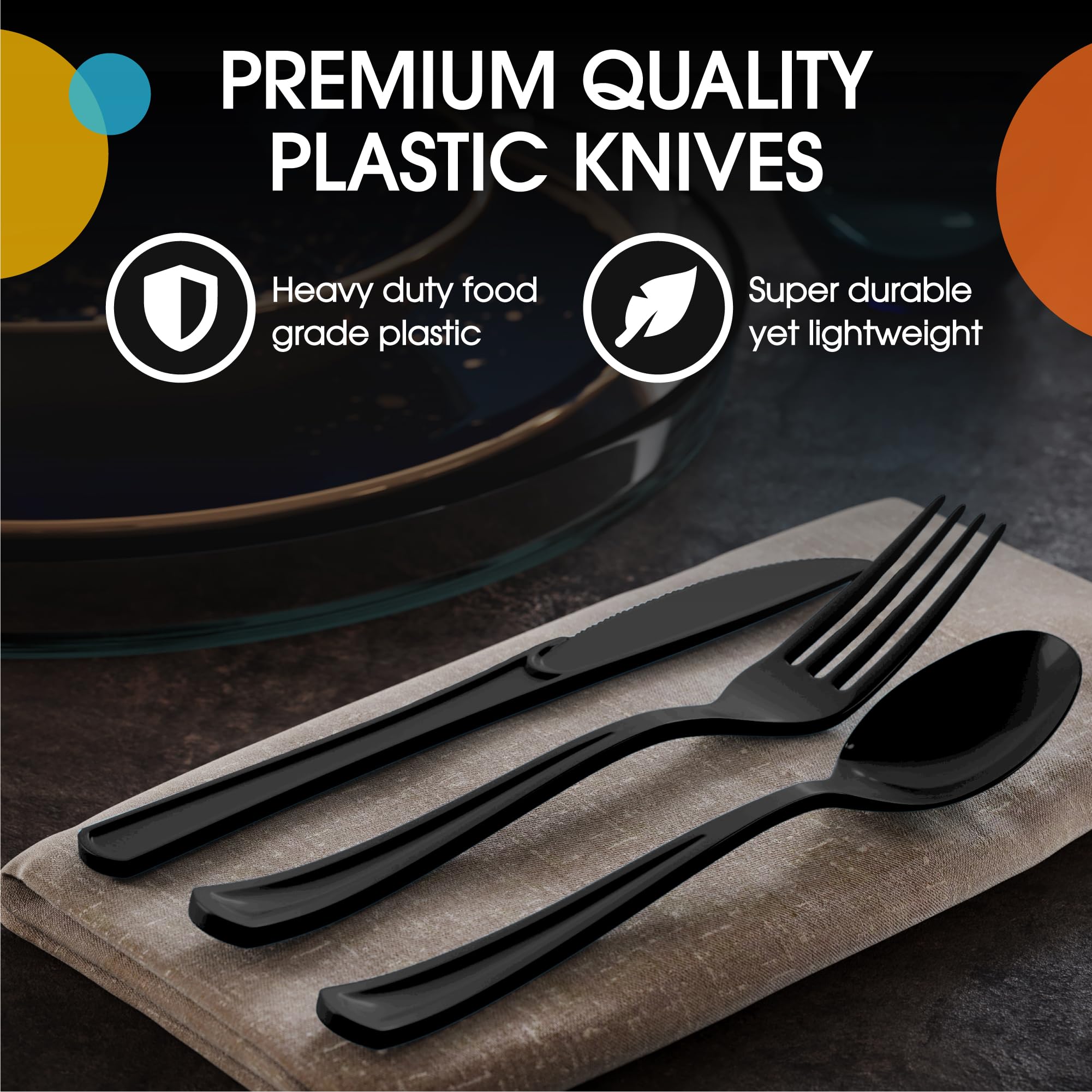 Heavy Duty Black Plastic Knives | 50 Count