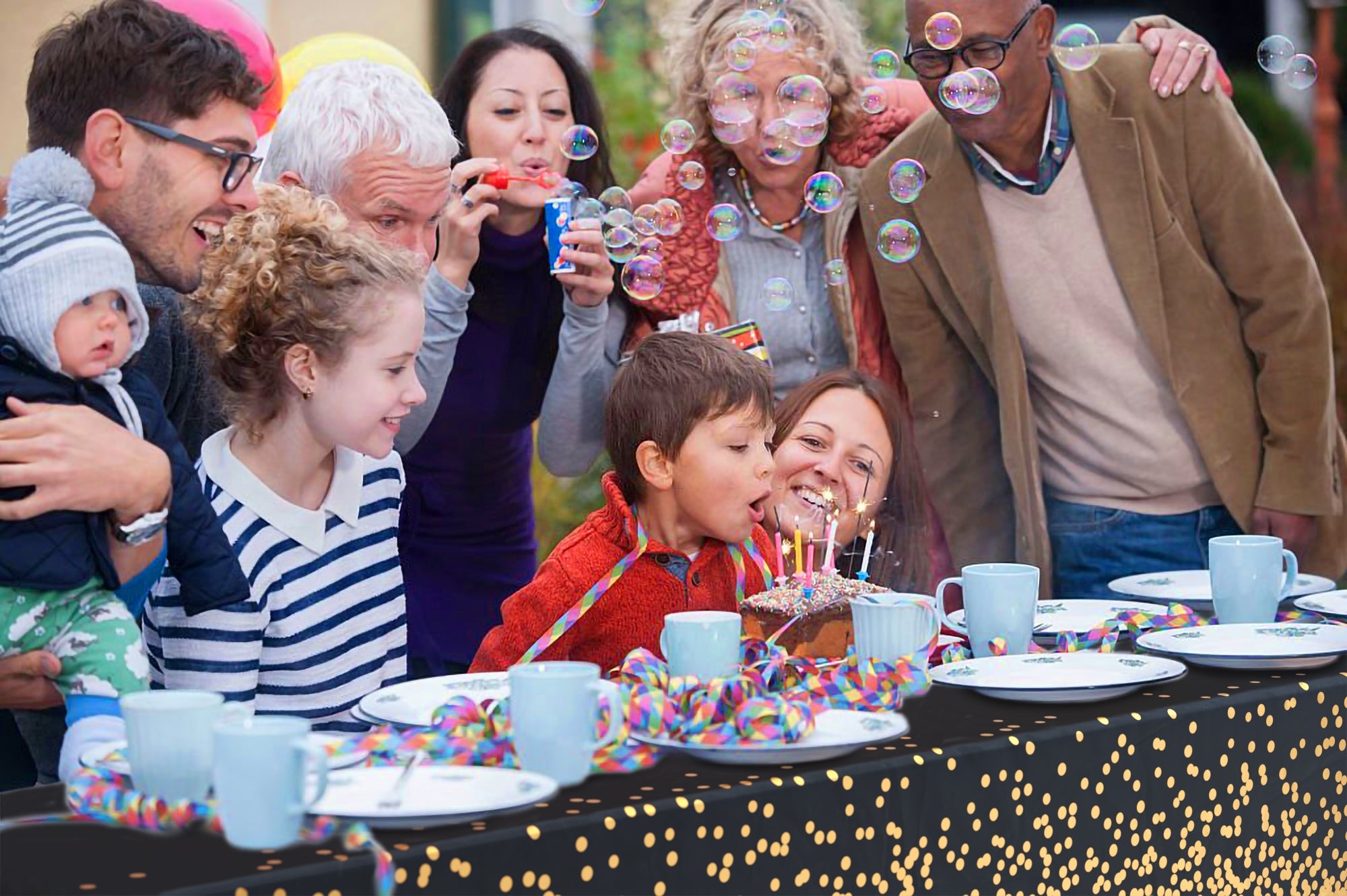 Printed Plastic Table Cover Black/Gold | Case of 48 - 54 In. x 108 In.