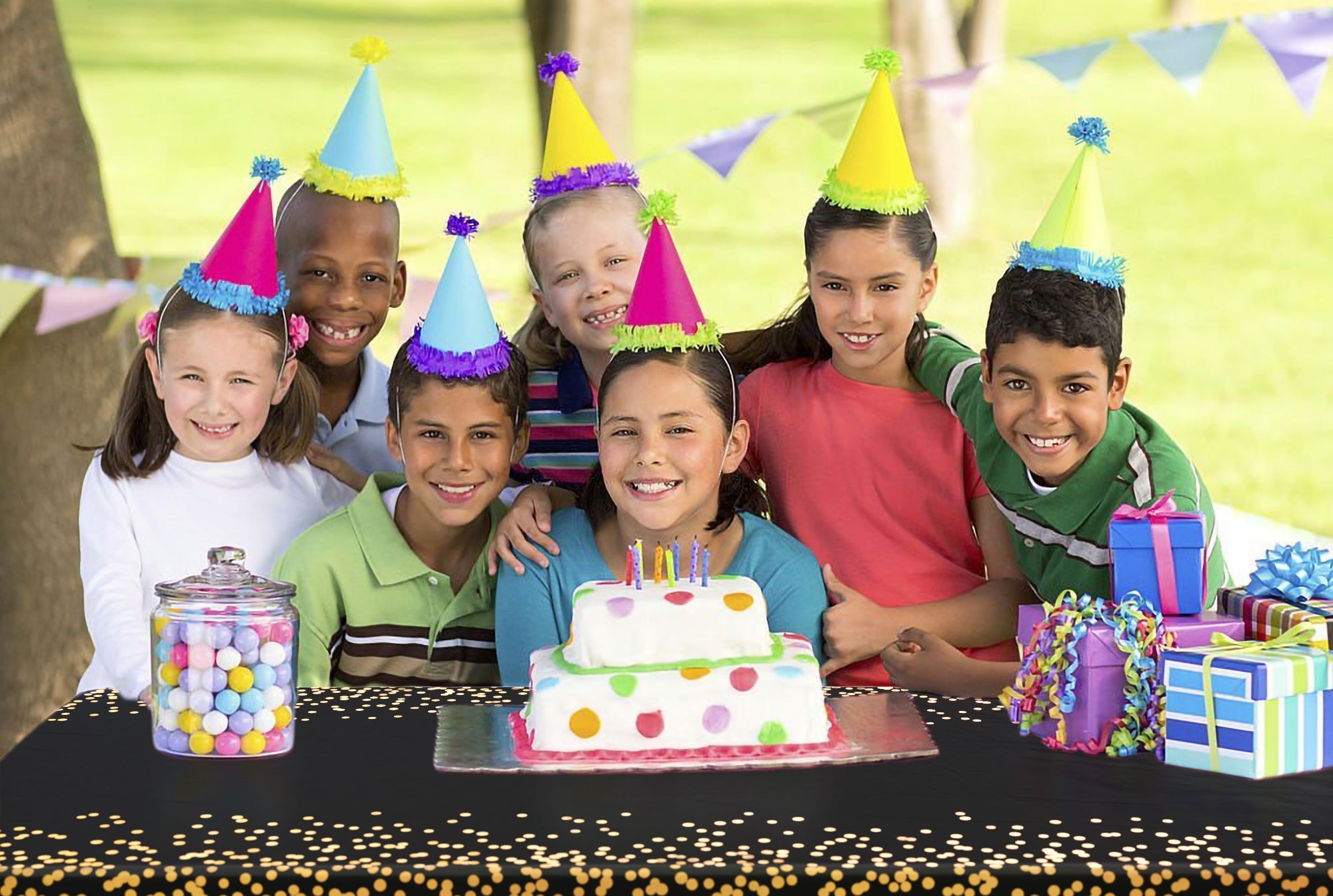 Printed Plastic Table Cover Black/Gold | Case of 48 - 54 In. x 108 In.