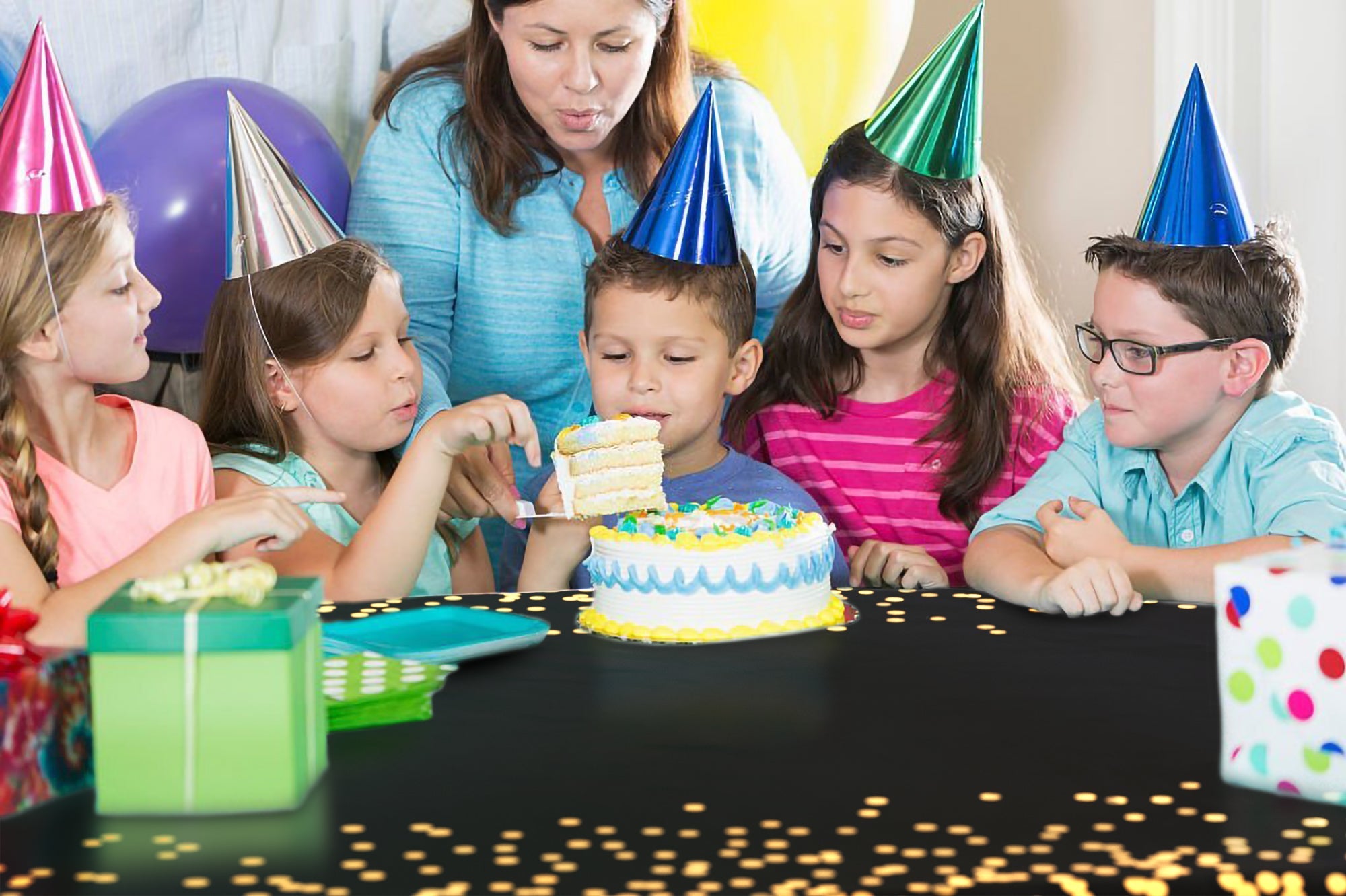 Printed Plastic Table Cover Black/Gold | Case of 48 - 54 In. x 108 In.