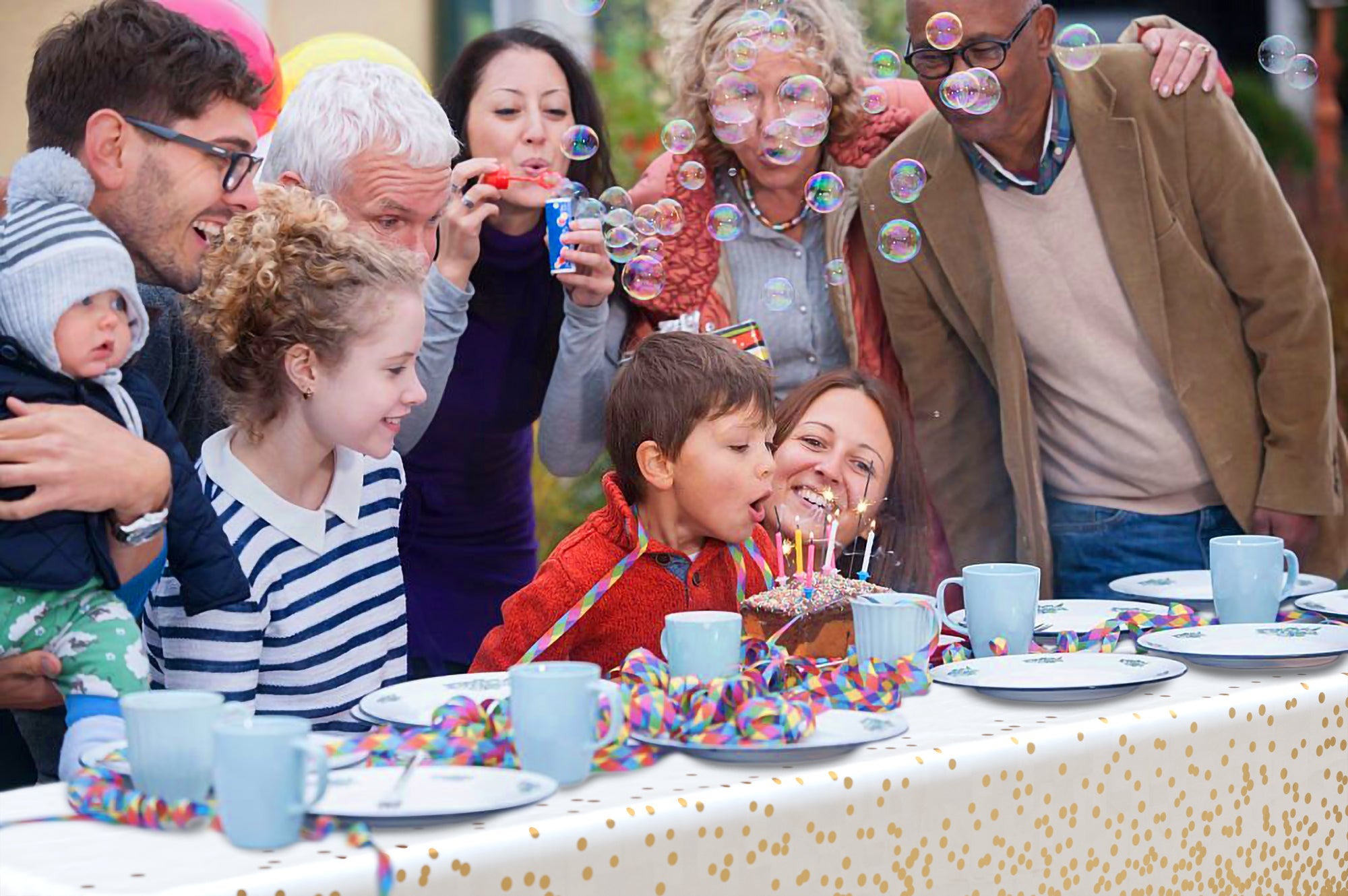 Celebrate Printed Plastic Table Cover White/Gold | Case of 48 - 54 In. x 108 In.