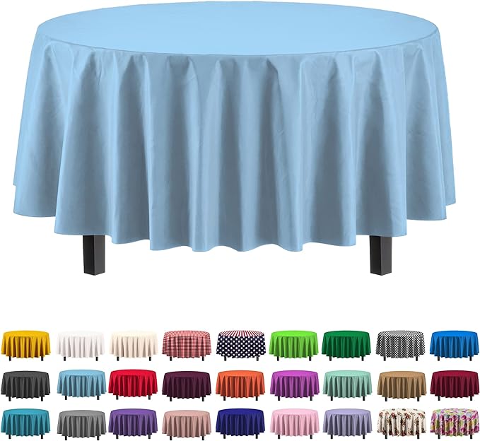 Premium Round Light Blue Plastic Table Cover | Case of 96