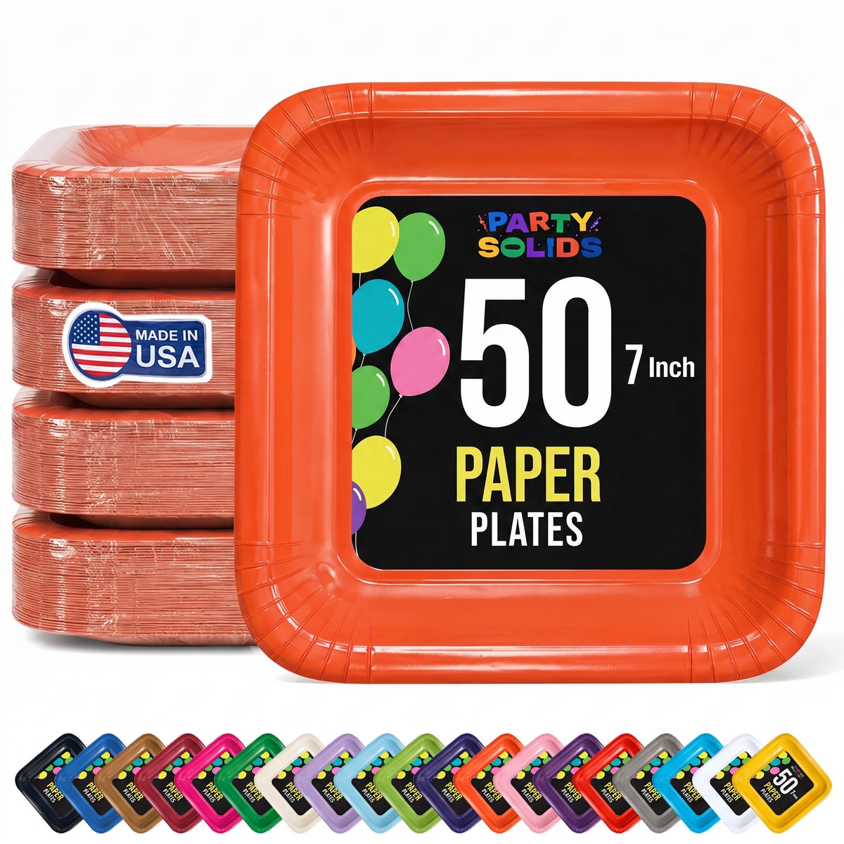7 In. Orange Square Paper Plates - 50 Ct.