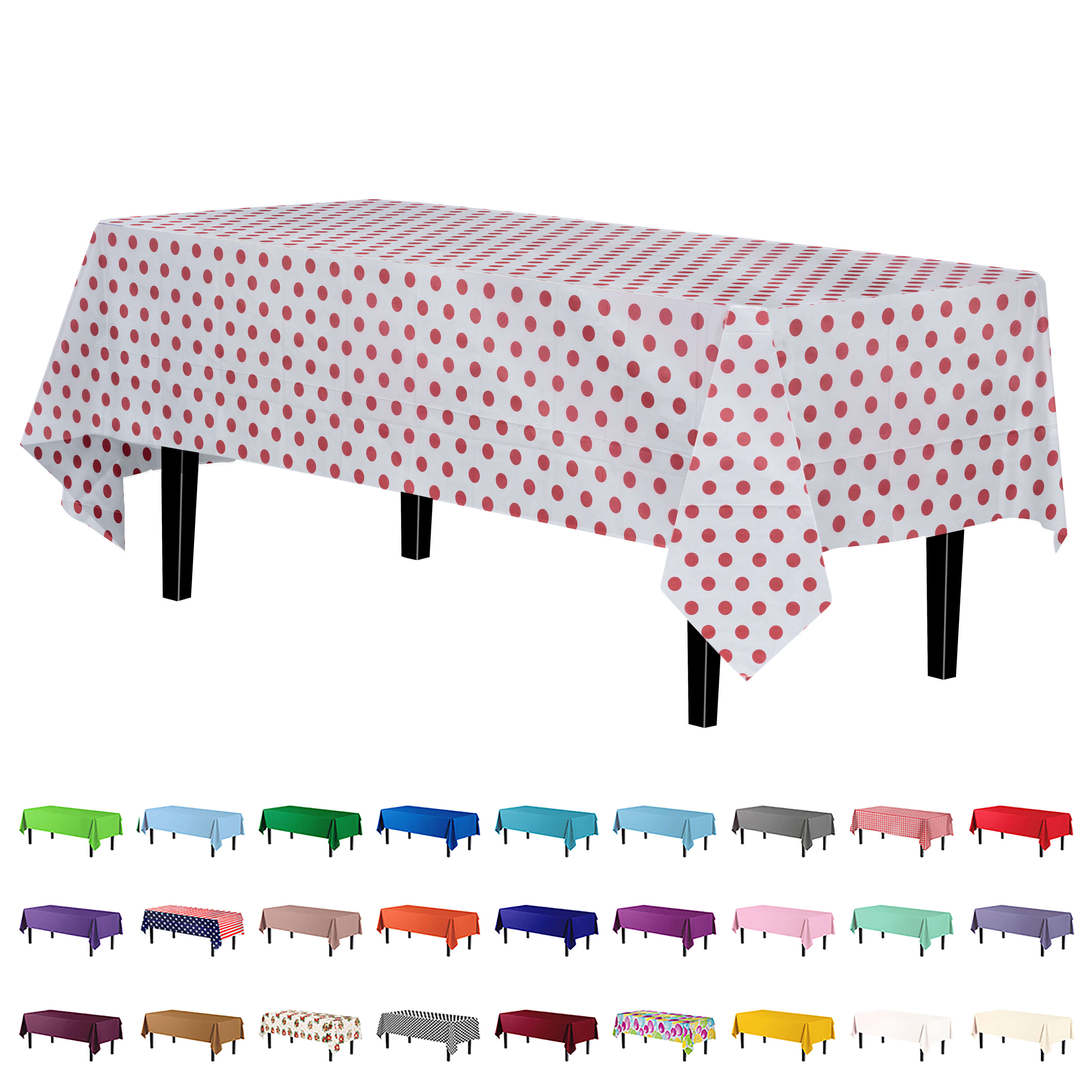 Red Polka Dot Plastic Table Cover | Case of 48 - 54 In. x 108 In.