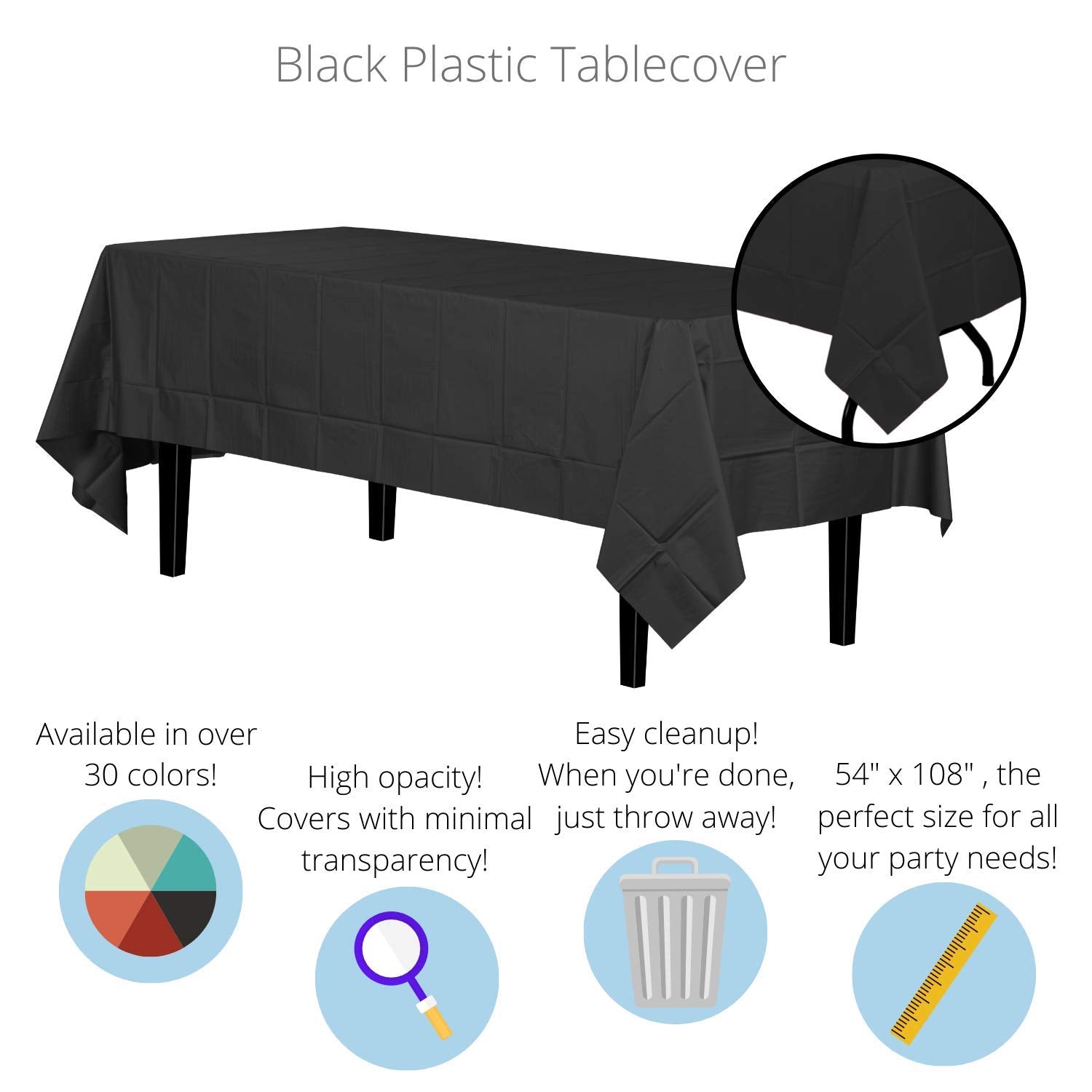 Premium Black Plastic Table Covers | 6 Pack - 54 In. x 108 In.