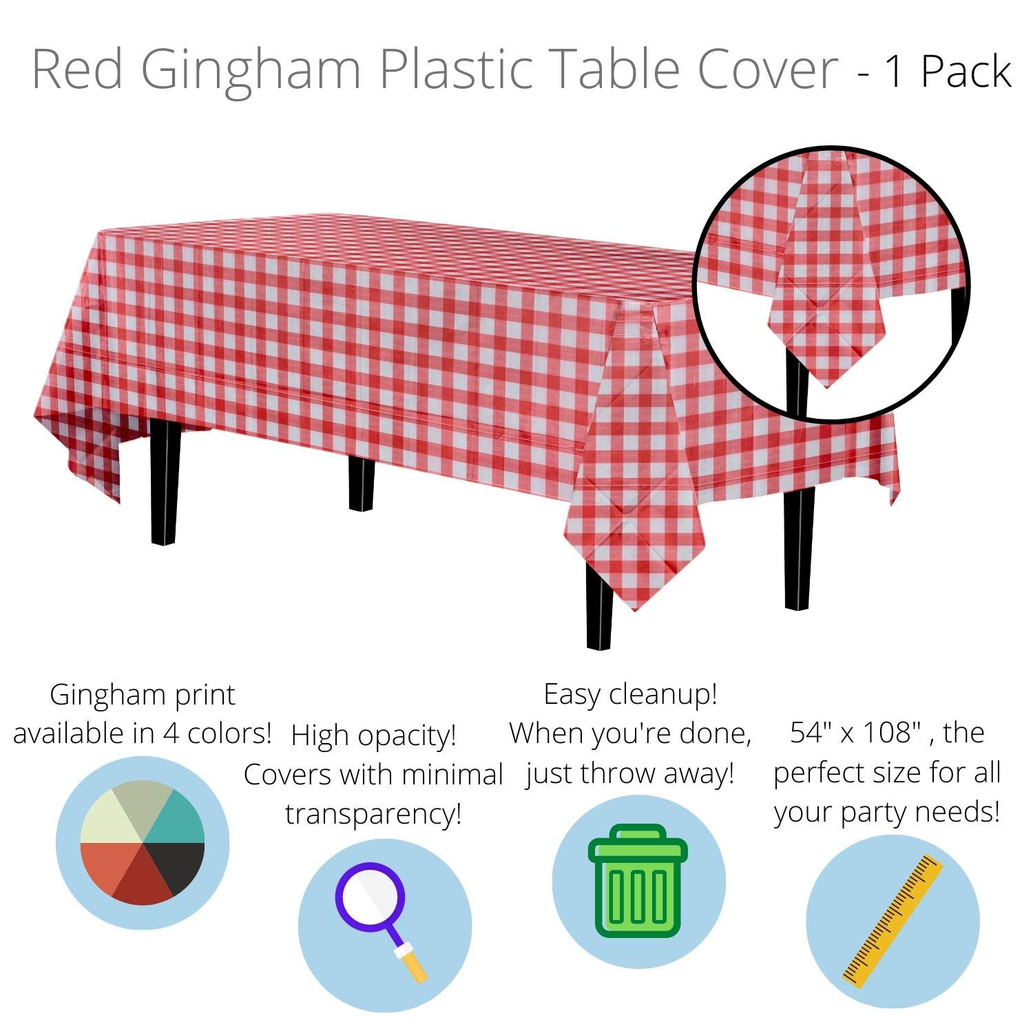 Red Gingham Plastic Table Cover | Case of 48 - 54 In. x 108 In.