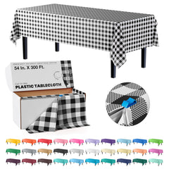 54 In. x 300 Ft. Cut to Size Plastic Table Cover  | Black Gingham | Case of 4
