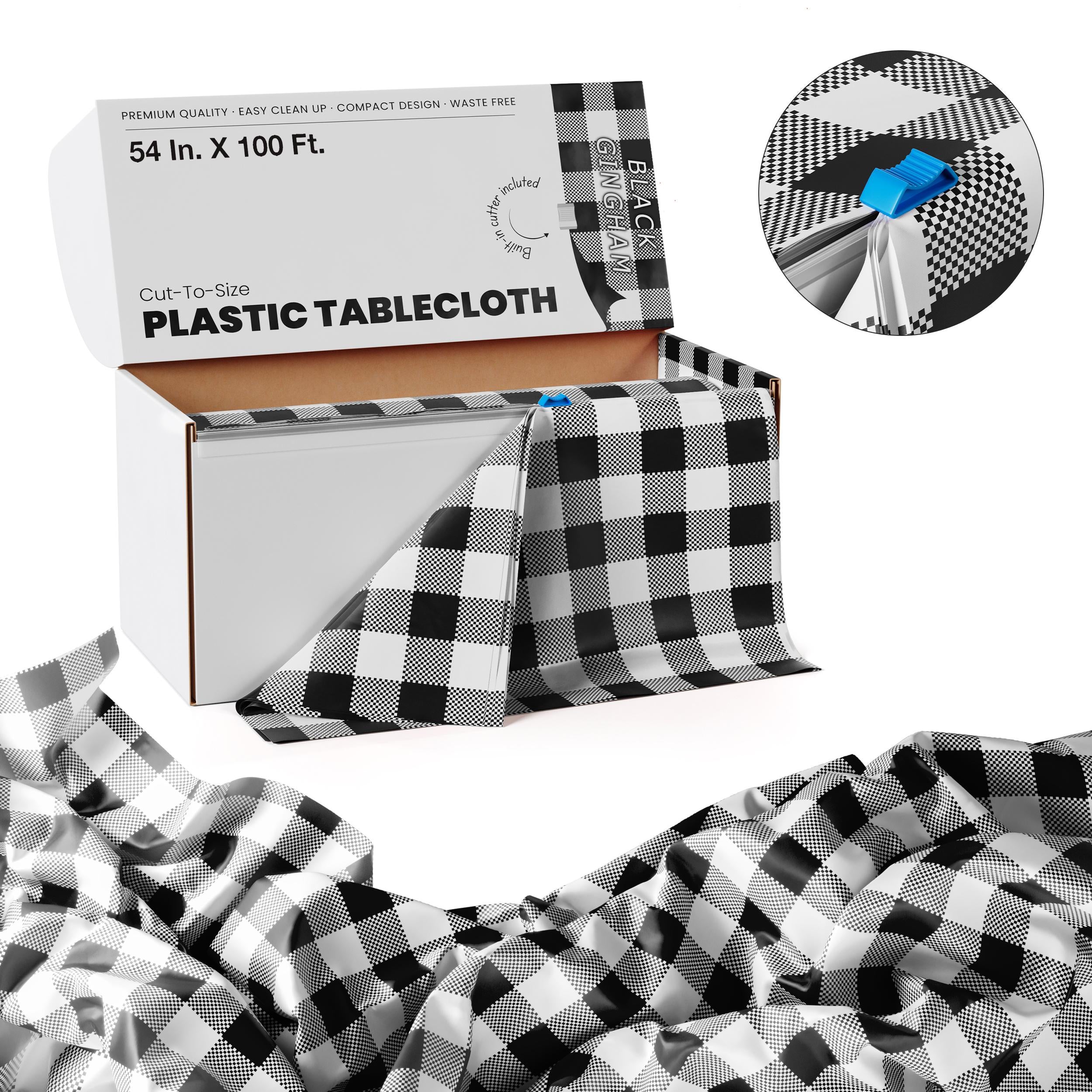 54 In. x 100 Ft. Cut to Size Plastic Table Cover  | Black Gingham | Case of 6