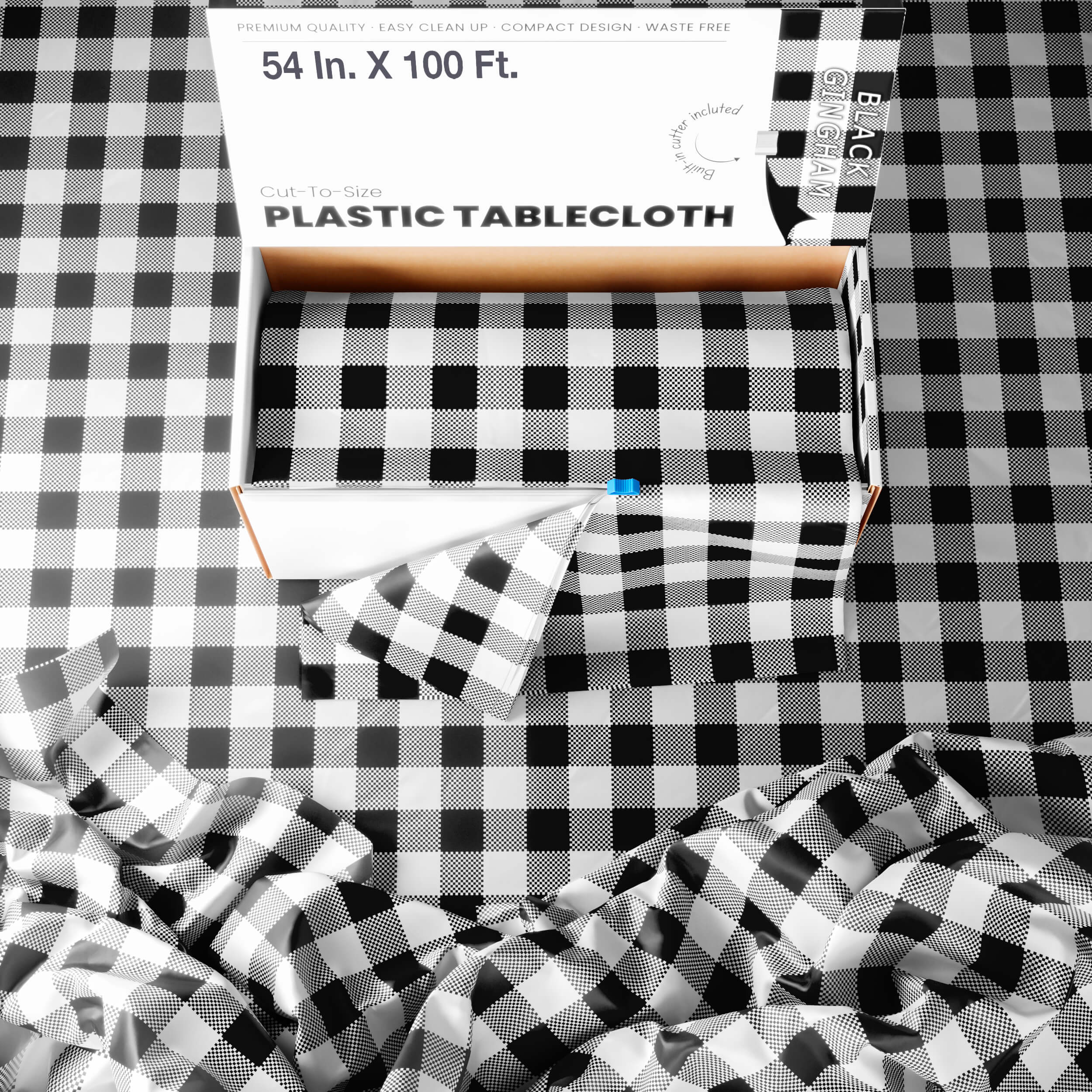 54 In. x 100 Ft. Cut to Size Plastic Table Cover | Black Gingham