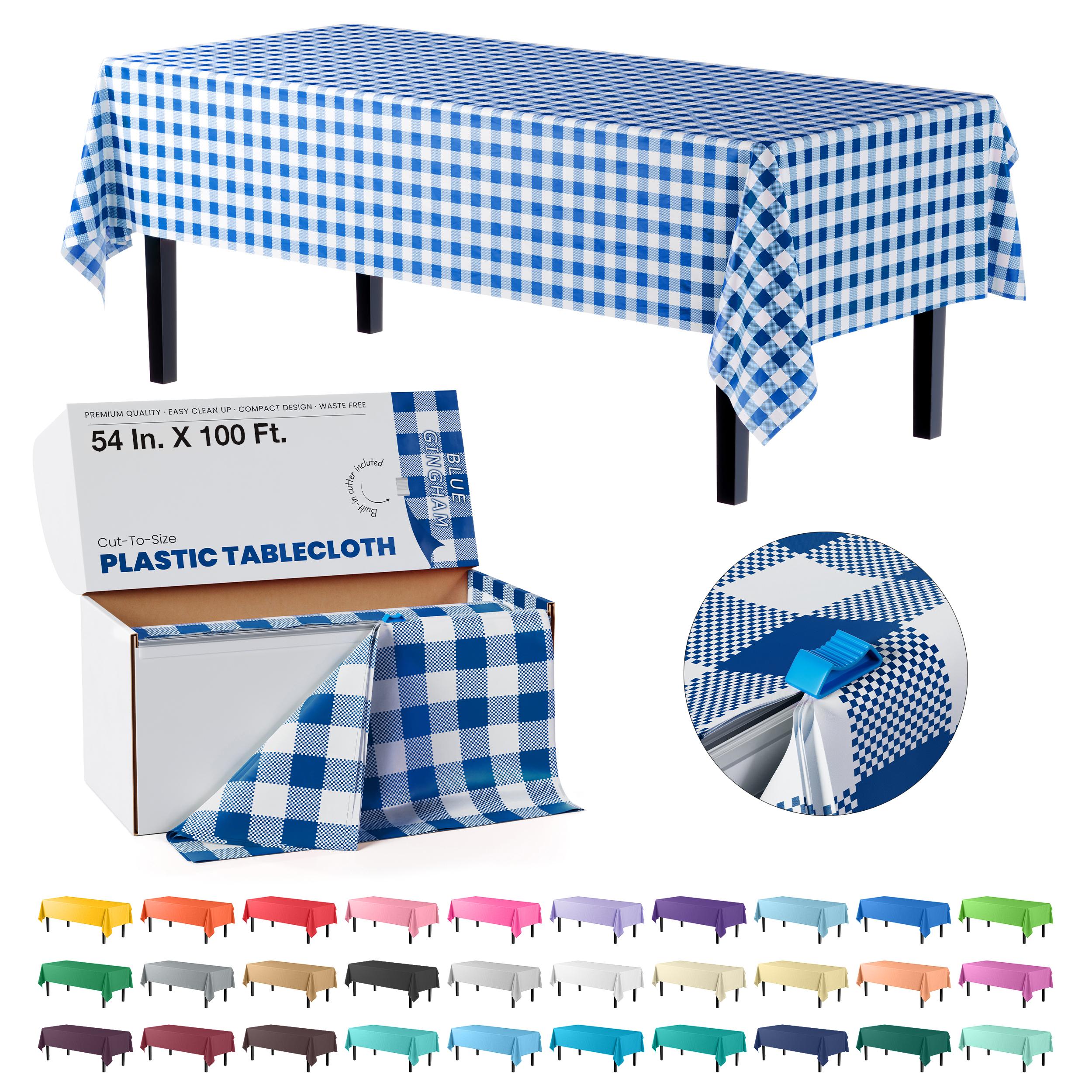 54 In. x 100 Ft. Cut to Size Plastic Table Cover  | Blue Gingham | Case of 6