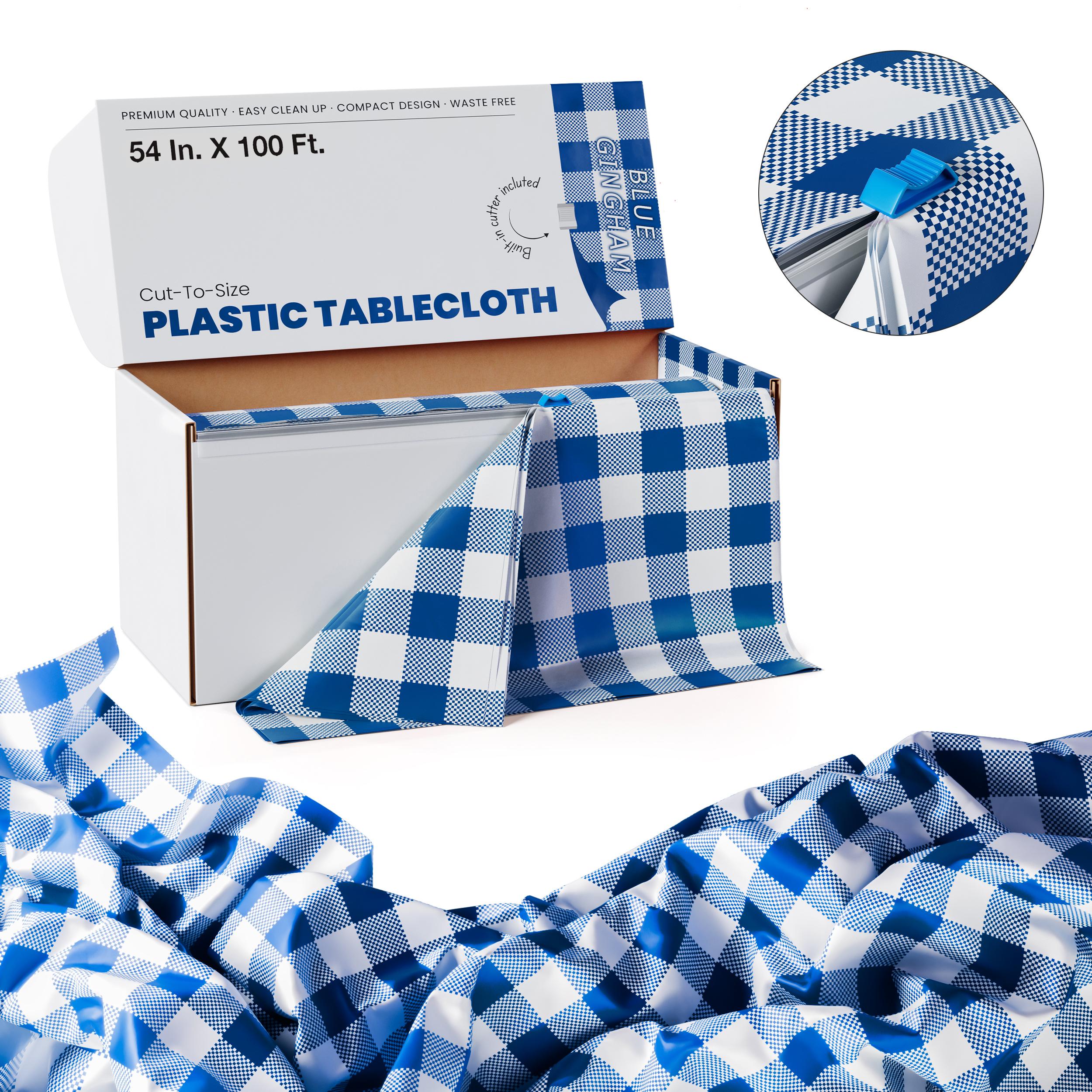 54 In. x 100 Ft. Cut to Size Plastic Table Cover | Blue Gingham