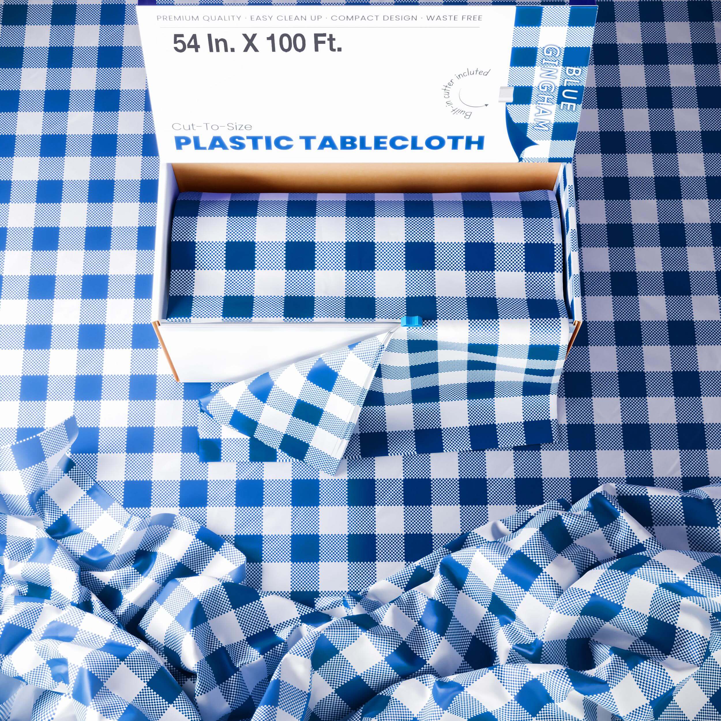 54 In. x 100 Ft. Cut to Size Plastic Table Cover | Blue Gingham