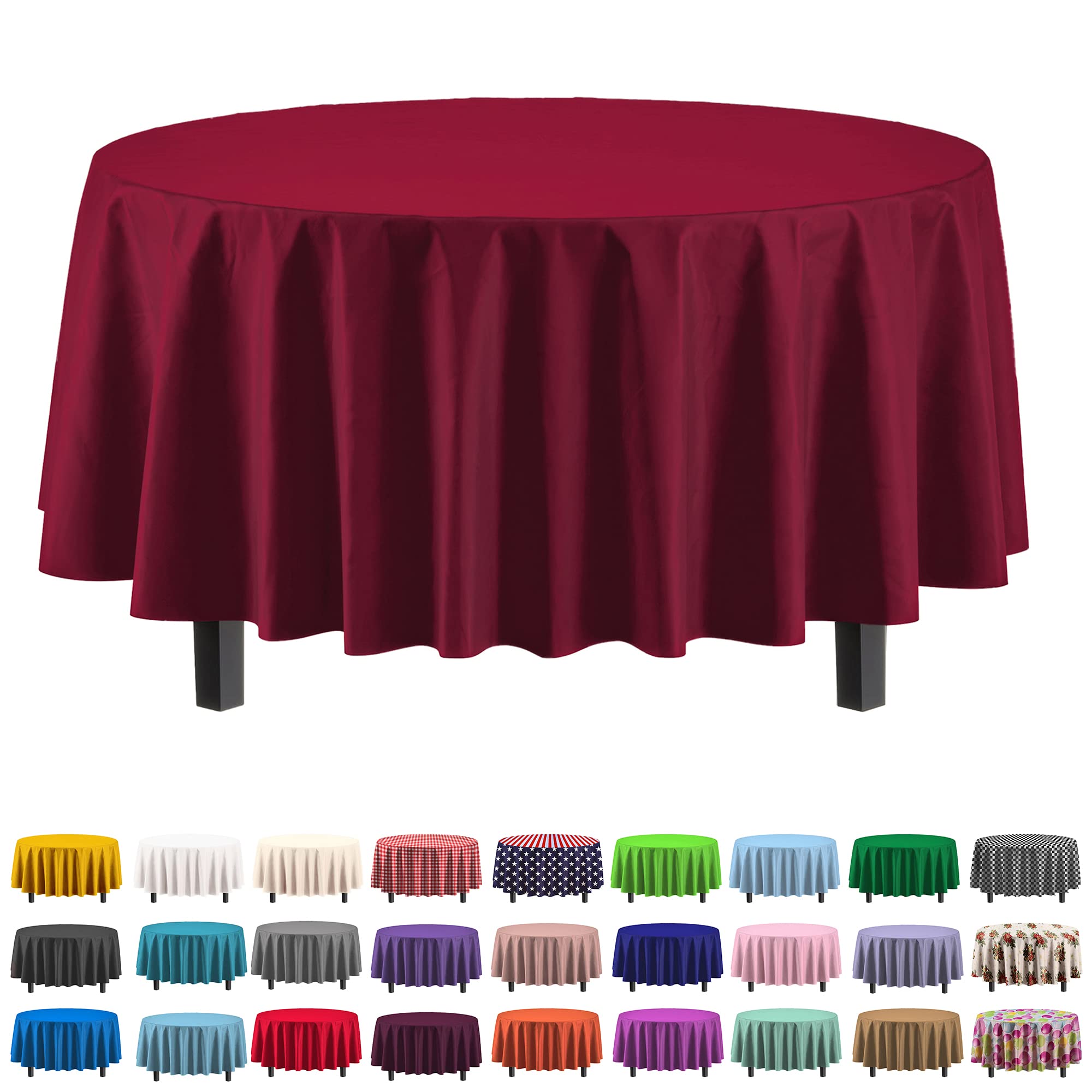 Premium Round Burgundy Plastic Table Cover | Case of 96
