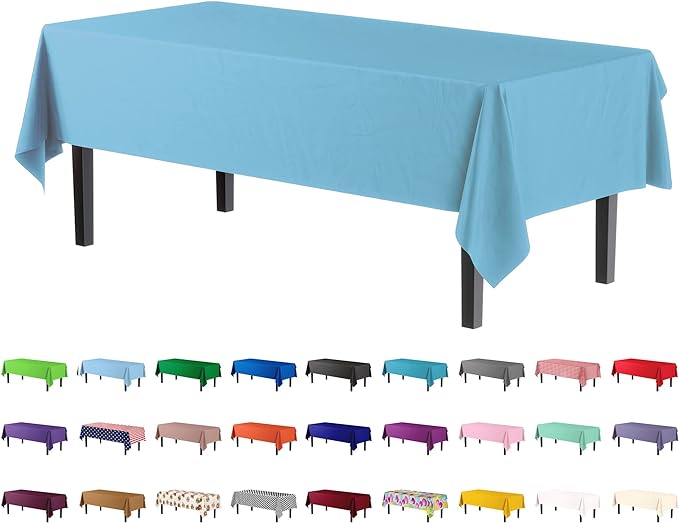 Premium Sky Blue Plastic Table Covers | 12 Pack - 54 In. x 108 In.