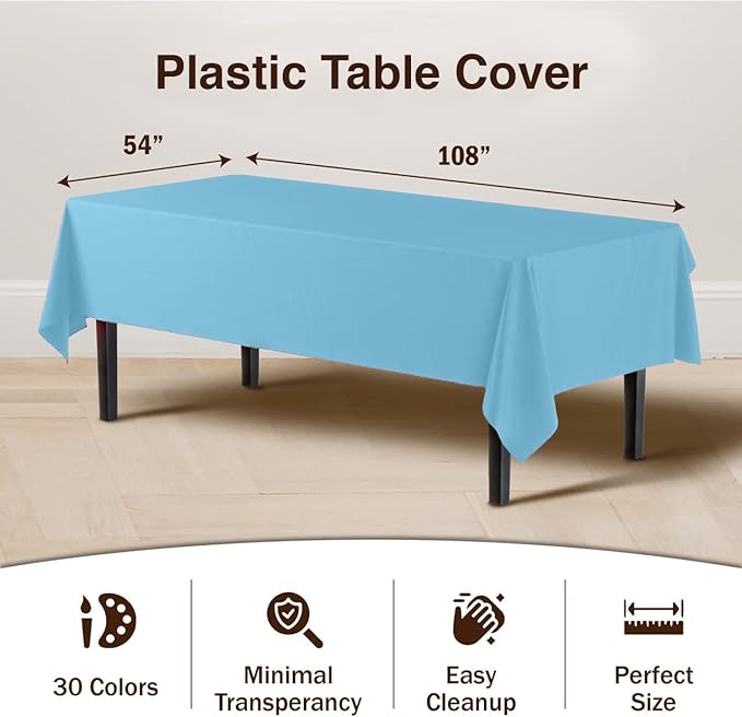 Sky Blue Plastic Table Covers | 6 Pack - 54 In. x 108 In.