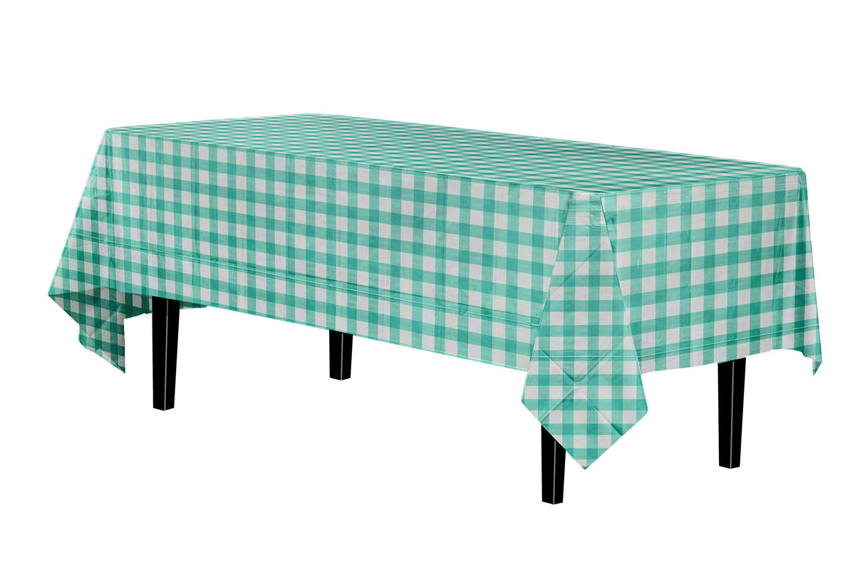 Teal Gingham Plastic Table Cover | Case of 48 - 54 In. x 108 In.