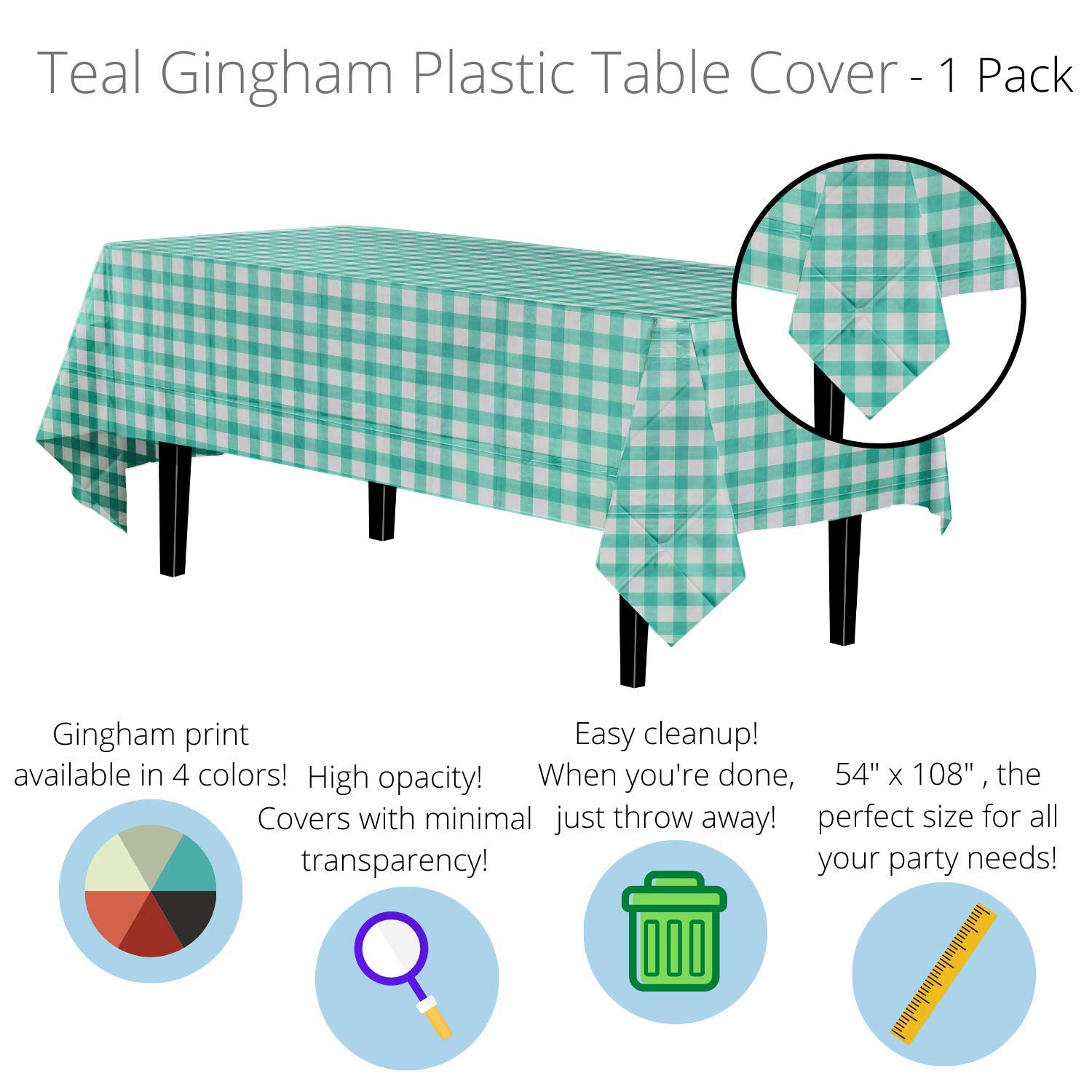 Teal Gingham Plastic Table Covers | 6 Pack - 54 In. x 108 In.